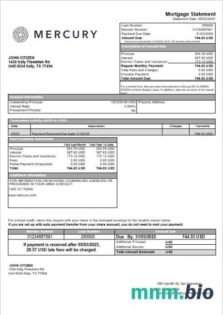 USA Kalifornia San Francisco Mercury Bank wyciąg z kredytu hipotecznego w formatach Word i PDF